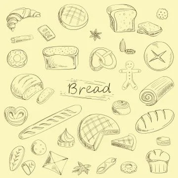 Bread set sketch in brown tones, vintage Stock Illustration
