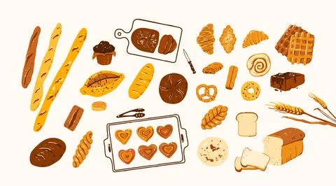 Bread set vector background. Vector bakery pastry products - rye, wheat and 스톡 일러스트