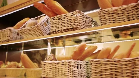 Bread shelf in the store Stock Footage 73108975