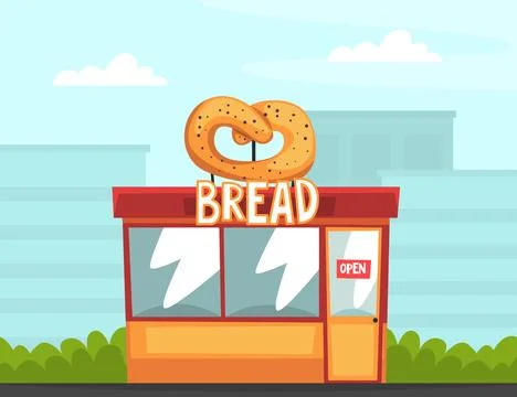 Bread Shop and Store Facade Building with Pretzel and Signboard Vector Stock Illustration