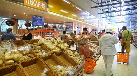 Bread showcase in supermarket Stock Footage 59869554