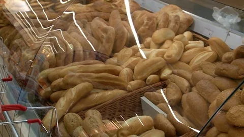 Bread showcase in supermarket HD Stock Footage 75347799