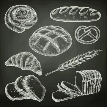 Bread, sketches on the chalkboard vector set Stock Illustration