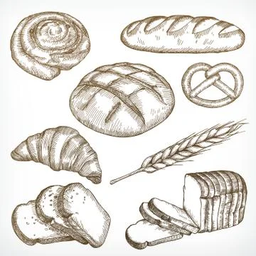Bread sketches, hand drawing, vector set Stock Illustration