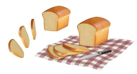 Bread slice. 3D toast. Loaf cutting. White wheat or soft whole baked. Grain Stock Illustration