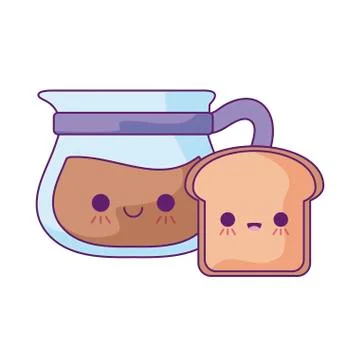 Bread slice and teapot with drink coffee kawaii style Illustrazione stock