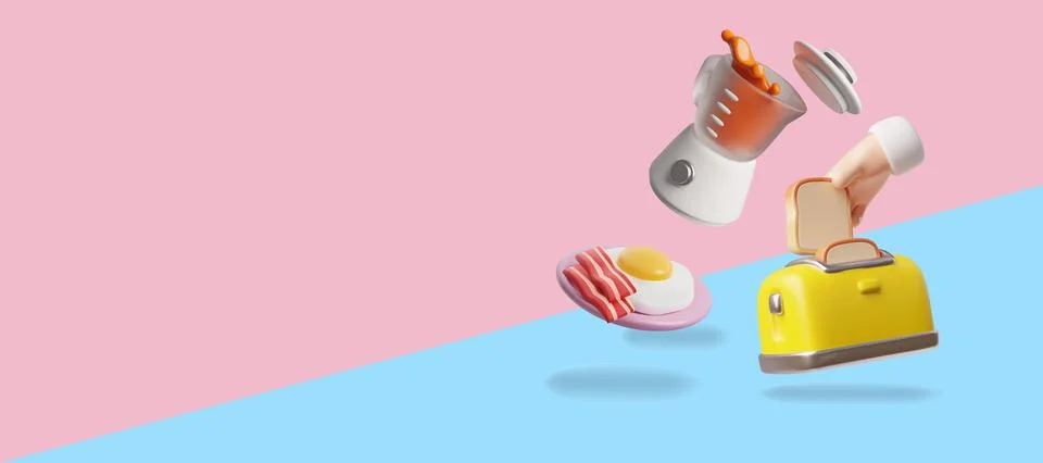 Bread slice and toaster, blender with smoothies splashes, bacon and eggs 3D 스톡 일러스트