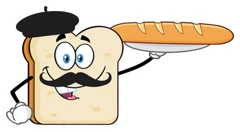 Bread Slice With Bared And Mustache Presenting Perfect French Bread Baguette Stock Illustration