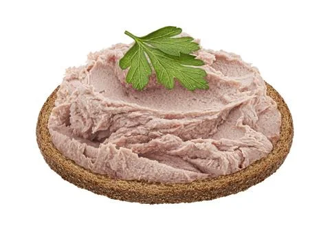 Bread slice with liver pate isolated on white background Stock Photos