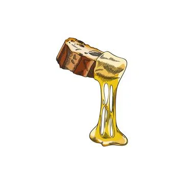 Bread slice with melted cheese vector sketch, hand drawn Fondue national dish 스톡 일러스트