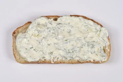 Bread Slice with Sour Cream Dill and Garlic Spread Stock Photos