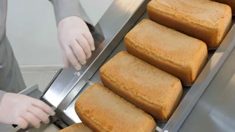 Bread slicer in factory. Man preparing slices of bread Stock Footage 131821323