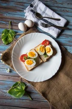Bread slices with condiments of egg and vegetables Stock Photos