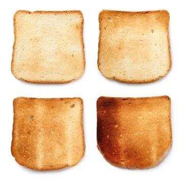 Bread slices in different degrees of toast on white background, collage Stock Photos