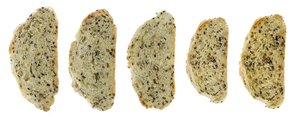 Bread slices set isolated background. Macro closeup. Stock Photos