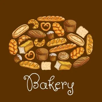 Bread sorts in shape of bread loaf. Bakery emblem 스톡 일러스트
