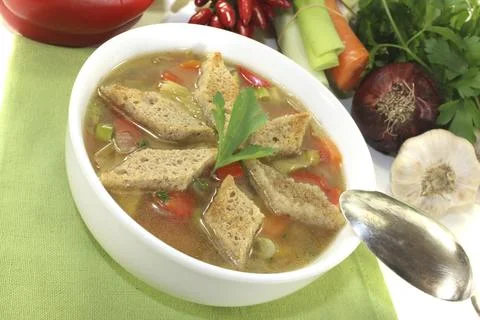 Bread soup with chilli on a light background Stock Photos