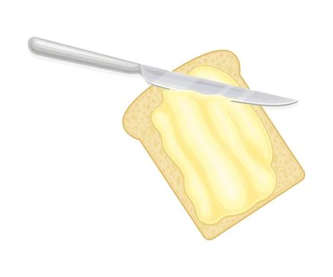 Bread with spread butter and knife. Natural dairy product on toast, top view Illustrazione stock