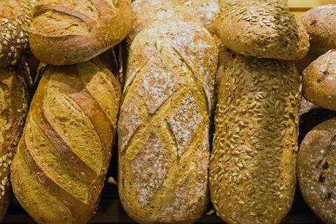 Bread on a stand in a bakery Stock Photos
