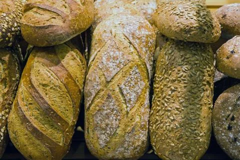 Bread on a stand in a bakery Stock Photos