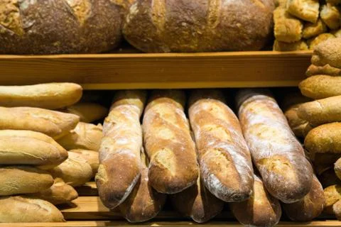 Bread on a stand in a bakery Stock Photos