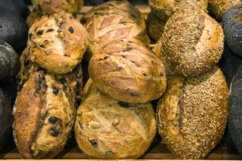 Bread on a stand in a bakery Stock Photos