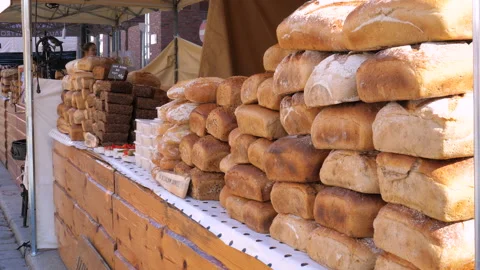 Bread stand at farmers market. Bread for sale Stock Footage 287493612