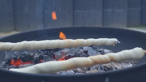 Bread on a stick on the fire Stock Footage 155892377