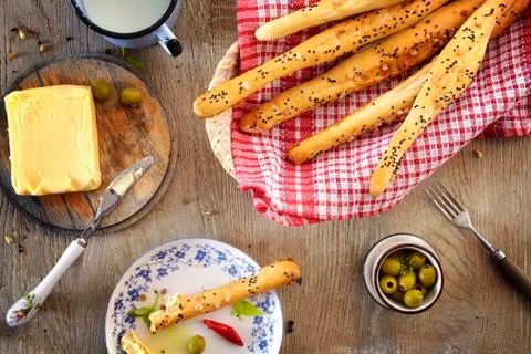 Bread sticks with butter. Stock Photos