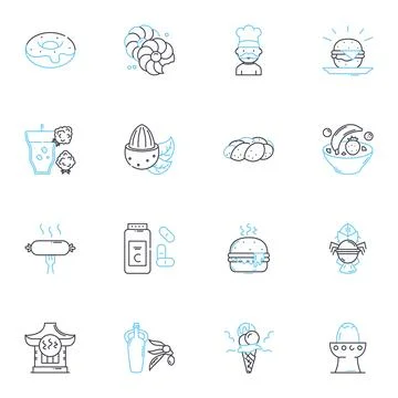 Bread store linear icons set. Bakery, Loaves, Gluten-free, Baguettes, Croissants Stock Illustration