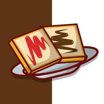 Bread with Strawberry and Chocolate Jam on Plate Vector Icon Illustration. .. Stock Illustration