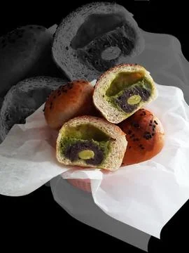 Bread stuff with custard green tea cream Stock Photos