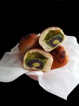 Bread stuff with custard green tea cream 스톡 사진