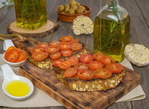 Bread toast with cherry tomato Stock Photos
