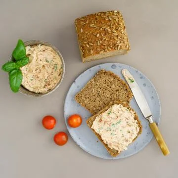 Bread with tomato basil spread Stock Photos