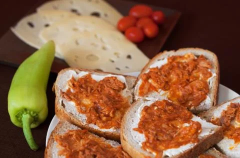 Bread with tuna in tomato sauce Stock Photos
