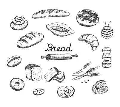 Bread vector hand drawn set illustration. Other types of wheat, flour fresh Stock Illustration