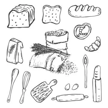 Bread vector hand drawn set illustration. Other types of wheat, flour fresh.. Stock Illustration