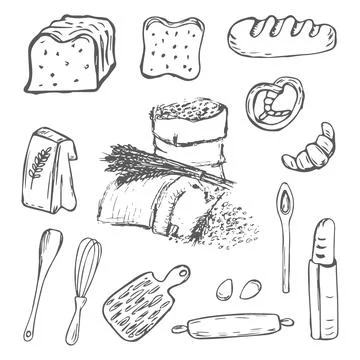 Bread vector hand drawn set illustration. Other types of wheat, flour fresh.. Stock Illustration