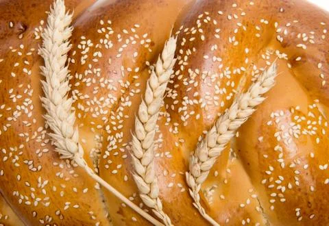 Bread with wheat ears close-up Stock Photos