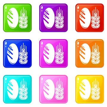 Bread wheat icons set 9 color collection Stock Illustration