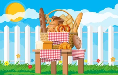 Bread in wicker basket. Nature Stock Illustration