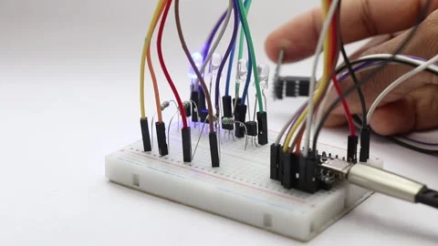 Breadboard with jumper cables connecting components demonstrating gyro sensor Video stock 346665462