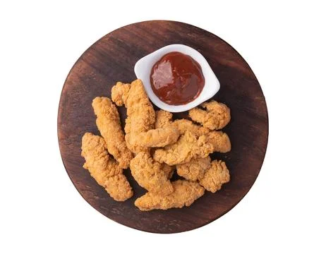 Breaded chicken bites in a board isolated over white background Stock Photos