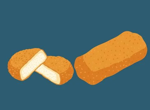 Breaded chicken nuggets or fingers whole object and sliced to reveal the wh.. Stock-Illustration