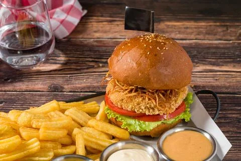 Breaded crispy chicken burger with tomato lettuce and fries Stock Photos