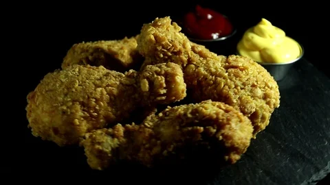 Breaded crispy fried chicken legs , sauce on stone surface rotation 360 degrees Video stock 123965159