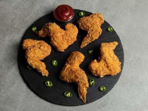 Breaded crispy fried chicken  wings  and sauce Stock Photos