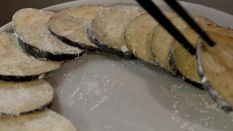 Breaded eggplant on a plate 4K Stock Footage 96324424