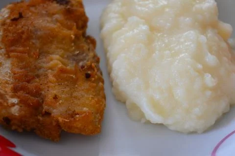 Breaded fish fillet with mashed potatoes 스톡 사진